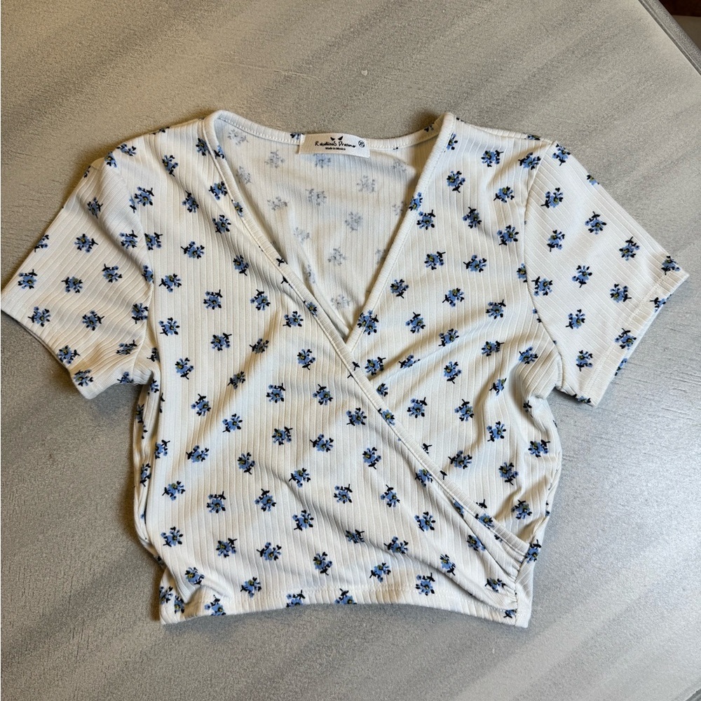 Wrap-Front White Floral Ribbed Crop Top